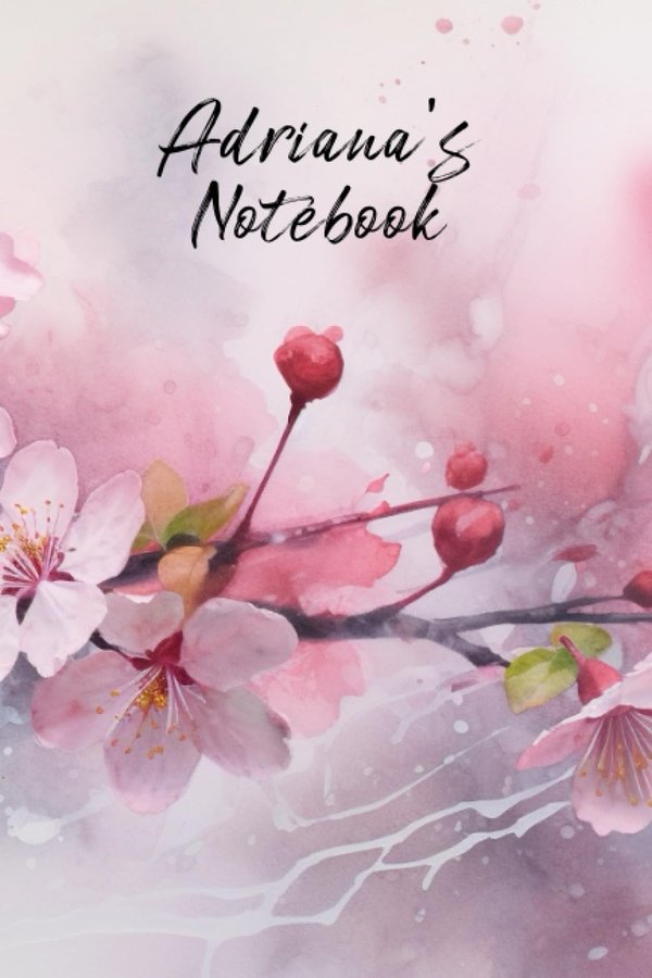 Adriana's Notebook personalized journal cover with the name Adriana in script over pink watercolor apple blossom