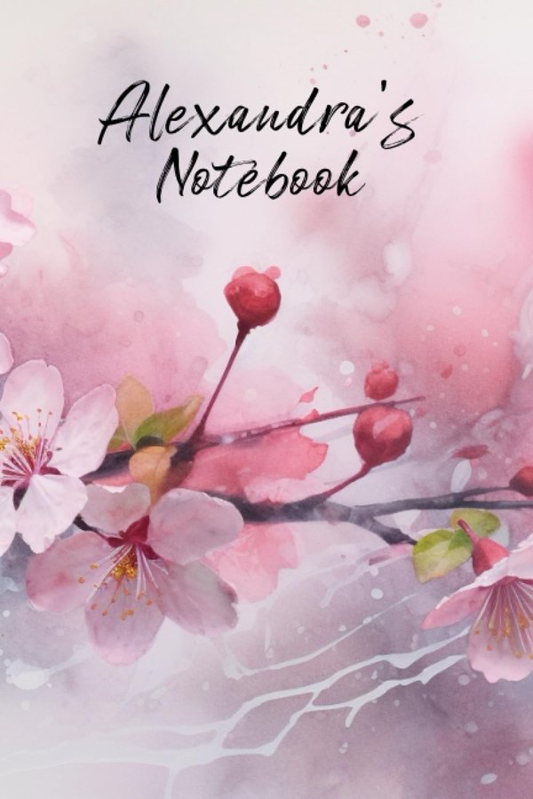 Alexandra's Notebook personalized journal cover with the name Alexandra in script over pink watercolor apple blossom