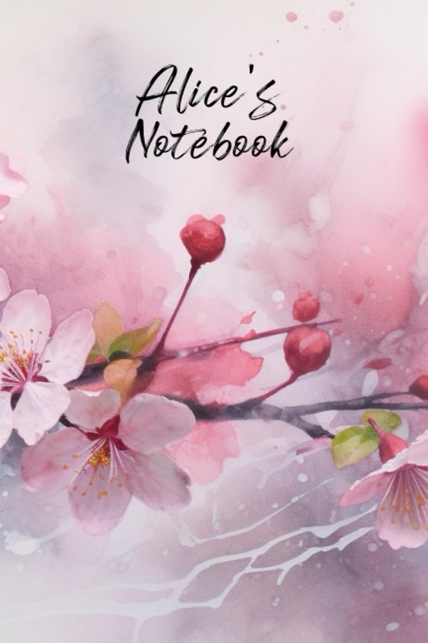 Alice's Notebook personalized journal cover with the name Alice in script over pink watercolor apple blossom