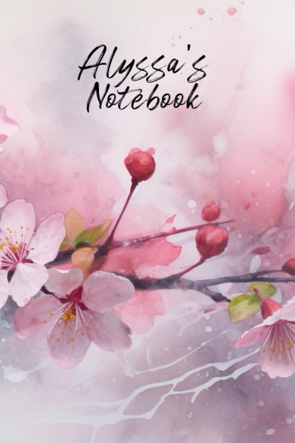 Alyssa's Notebook personalized journal cover with the name Alyssa in script over pink watercolor apple blossom
