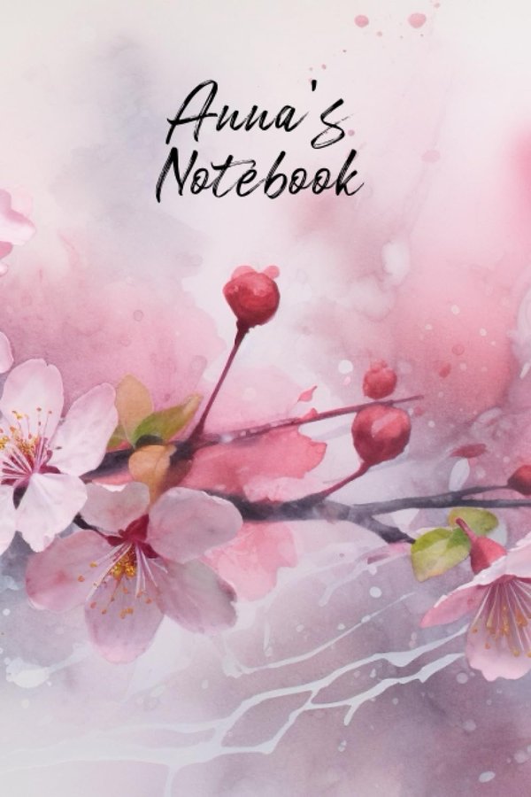 Anna's Notebook personalized journal cover with the name Anna in script over pink watercolor apple blossom