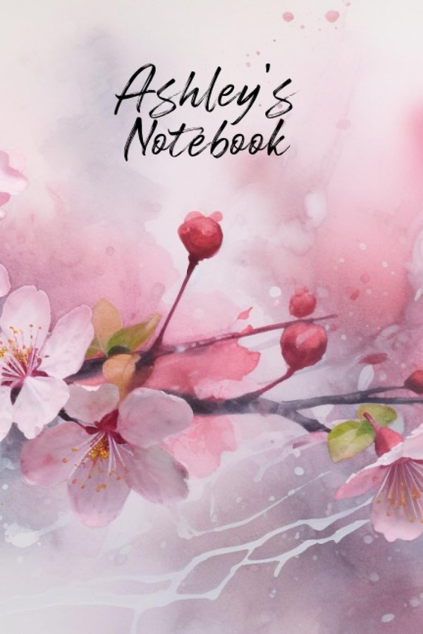 Ashley's Notebook personalized journal cover with the name Ashley in script over pink watercolor apple blossom