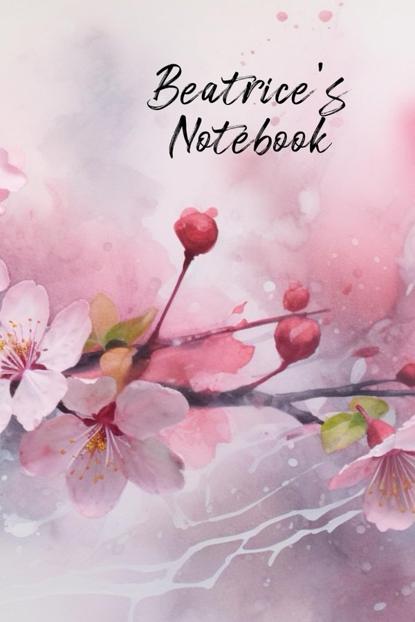 Beatrice's Notebook personalized journal cover with the name Beatrice in script over pink watercolor apple blossom