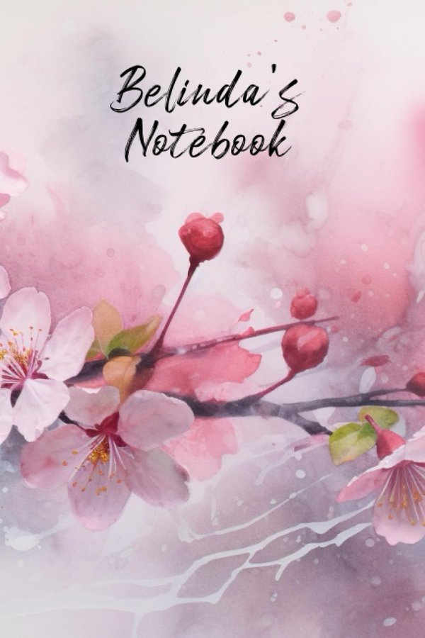 Belinda's Notebook personalized journal cover with the name Belinda in script over pink watercolor apple blossom
