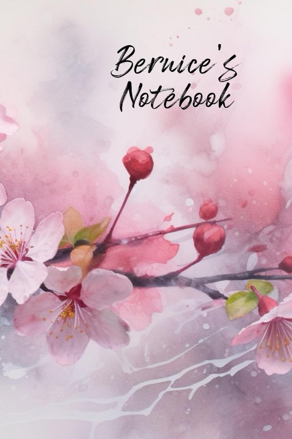 Bernice's Notebook personalized journal cover with the name Bernice in script over pink watercolor apple blossom