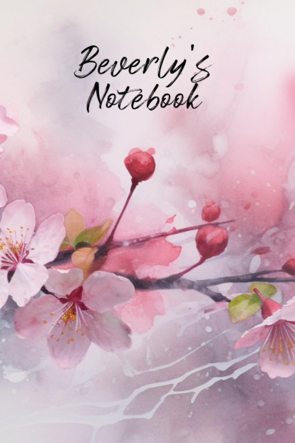 Beverly's Notebook personalized journal cover with the name Beverly in script over pink watercolor apple blossom
