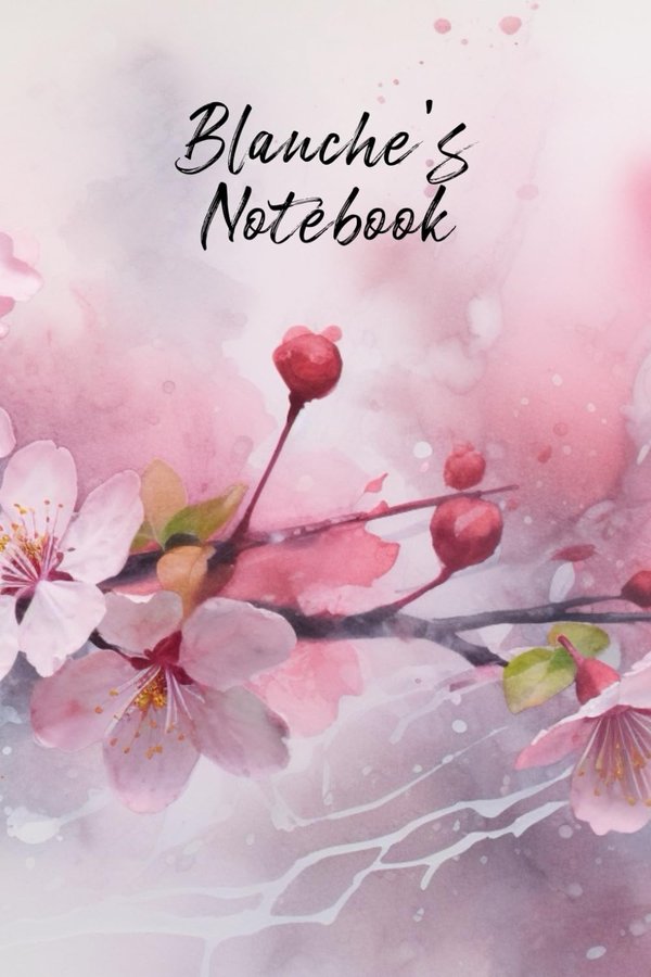Blanche's Notebook personalized journal cover with the name Blanche in script over pink watercolor apple blossom