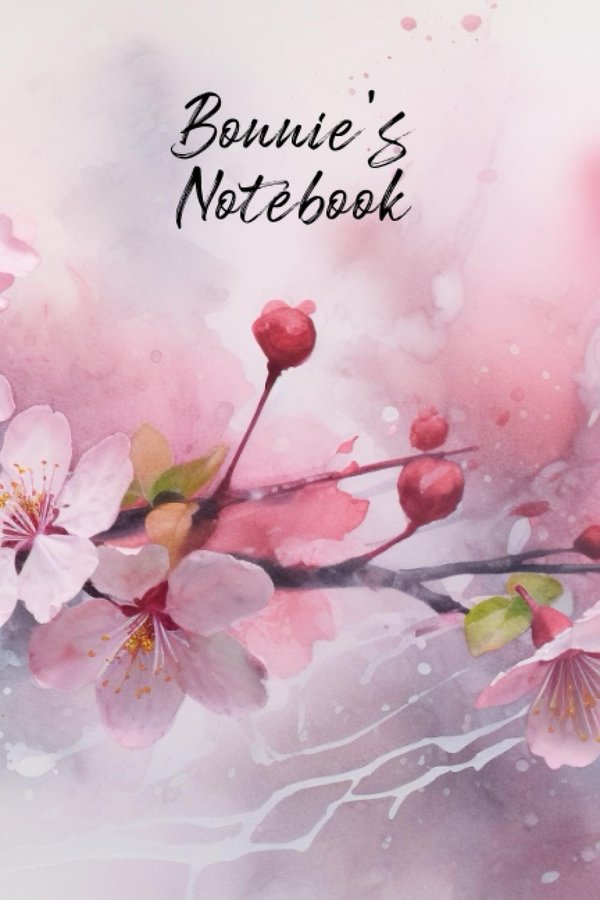 Bonnie's Notebook personalized journal cover with the name Bonnie in script over pink watercolor apple blossom