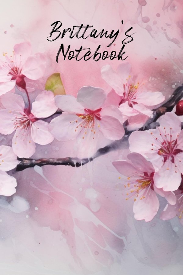 Brittany's Notebook personalized journal cover with the name Brittany in script over pink watercolor apple blossom