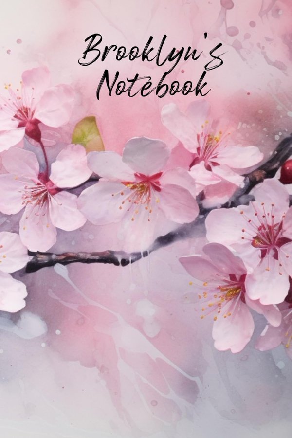 Brooklyn's Notebook personalized journal cover with the name Brooklyn in script over pink watercolor apple blossom