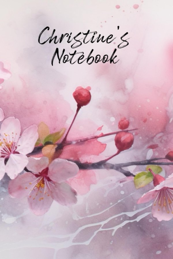 Christine's Notebook personalized journal cover with the name Christine in script over pink watercolor apple blossom