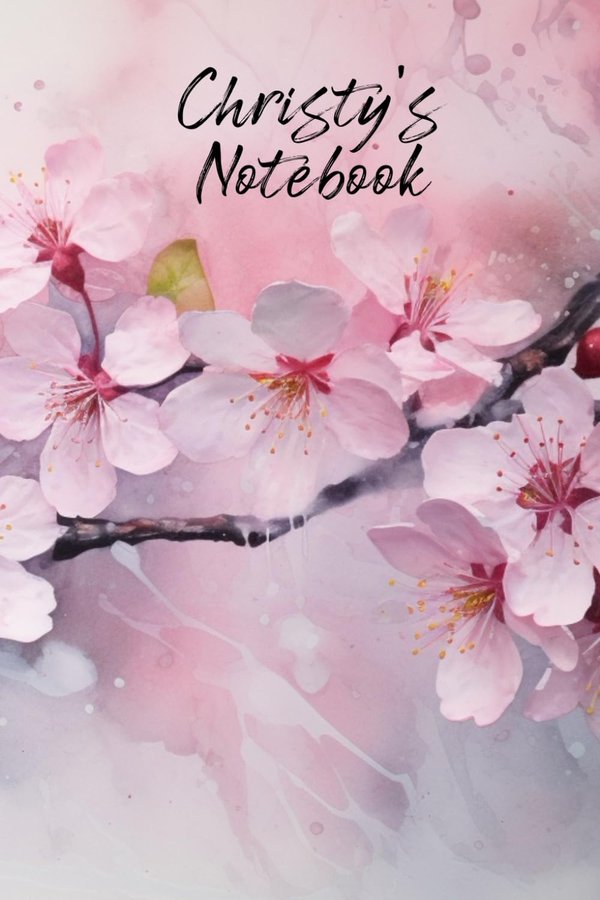Christy's Notebook personalized journal cover with the name Christy in script over pink watercolor apple blossom