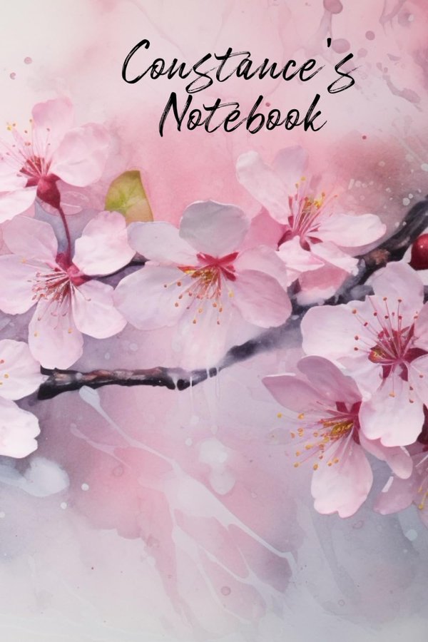 Constance's Notebook personalized journal cover with the name Constance in script over pink watercolor apple blossom