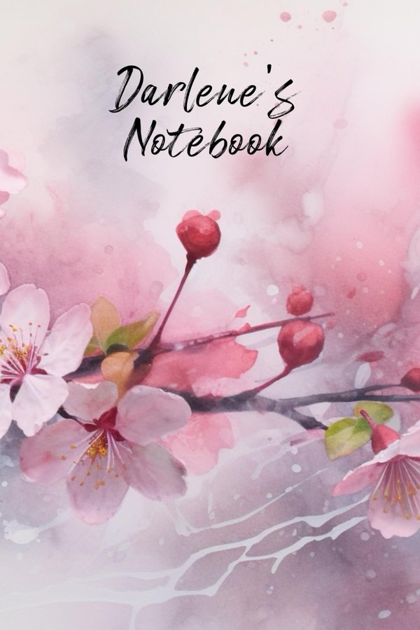 Darlene's Notebook personalized journal cover with the name Darlene in script over pink watercolor apple blossom