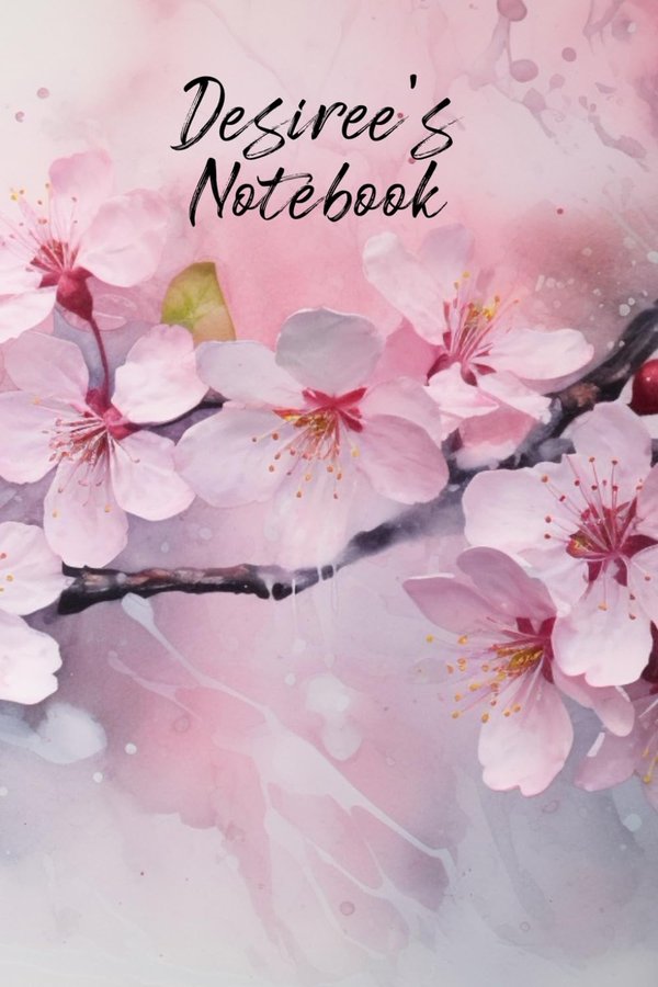 Desiree's Notebook personalized journal cover with the name Desiree in script over pink watercolor apple blossom