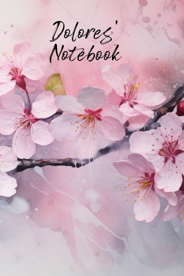 Dolores's Notebook personalized journal cover with the name Dolores in script over pink watercolor apple blossom