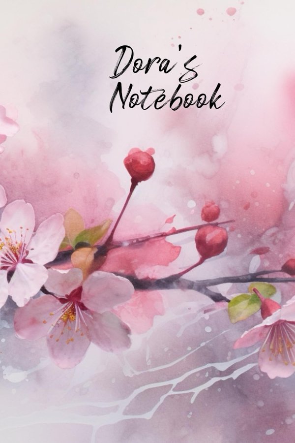 Dora's Notebook personalized journal cover with the name Dora in script over pink watercolor apple blossom