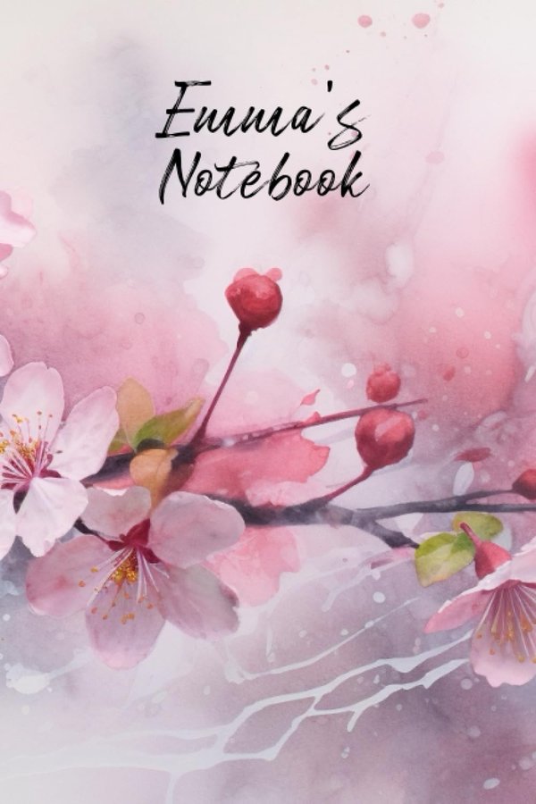 Emma's Notebook personalized journal cover with the name Emma in script over pink watercolor apple blossom