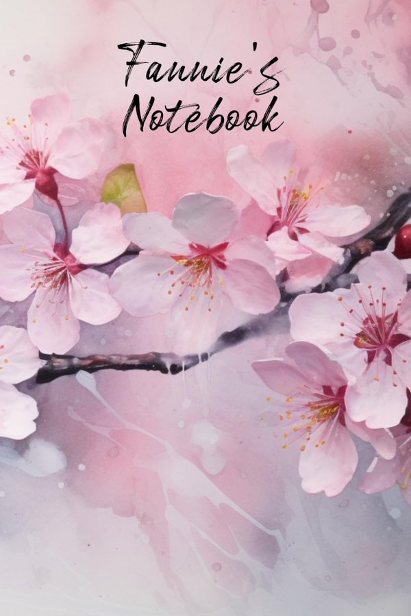 Fannie's Notebook personalized journal cover with the name Fannie in script over pink watercolor apple blossom