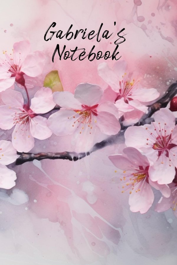 Gabriela's Notebook personalized journal cover with the name Gabriela in script over pink watercolor apple blossom