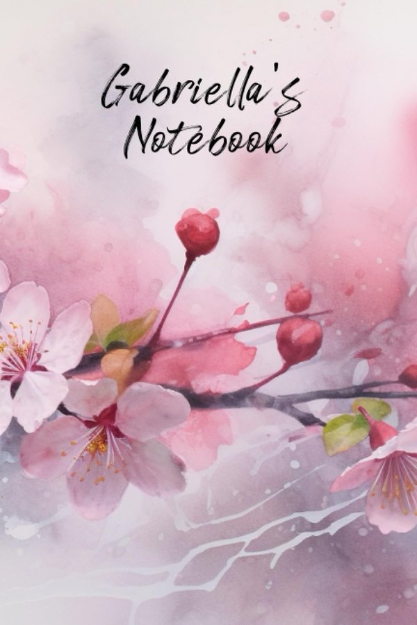 Gabriella's Notebook personalized journal cover with the name Gabriella in script over pink watercolor apple blossom
