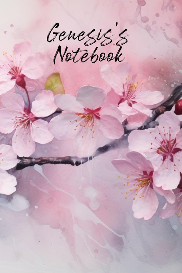 Genesis's Notebook personalized journal cover with the name Genesis in script over pink watercolor apple blossom