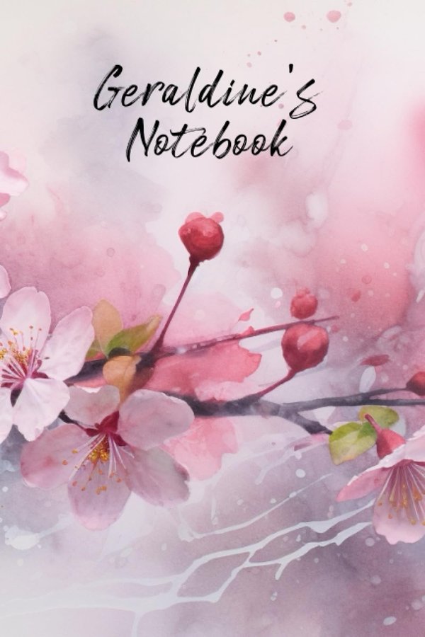 Geraldine's Notebook personalized journal cover with the name Geraldine in script over pink watercolor apple blossom