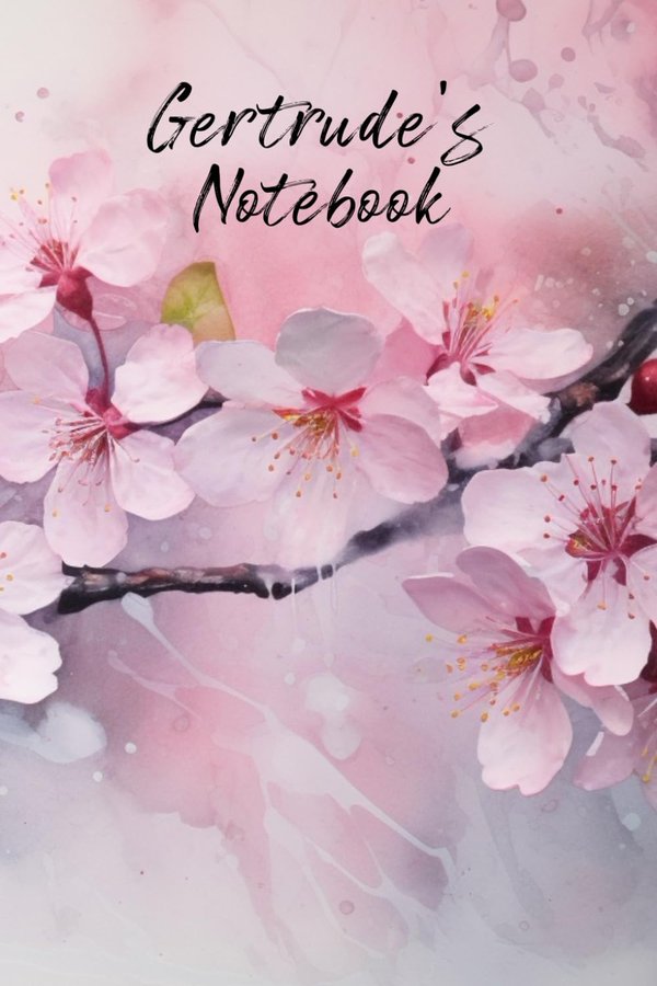 Gertrude's Notebook personalized journal cover with the name Gertrude in script over pink watercolor apple blossom