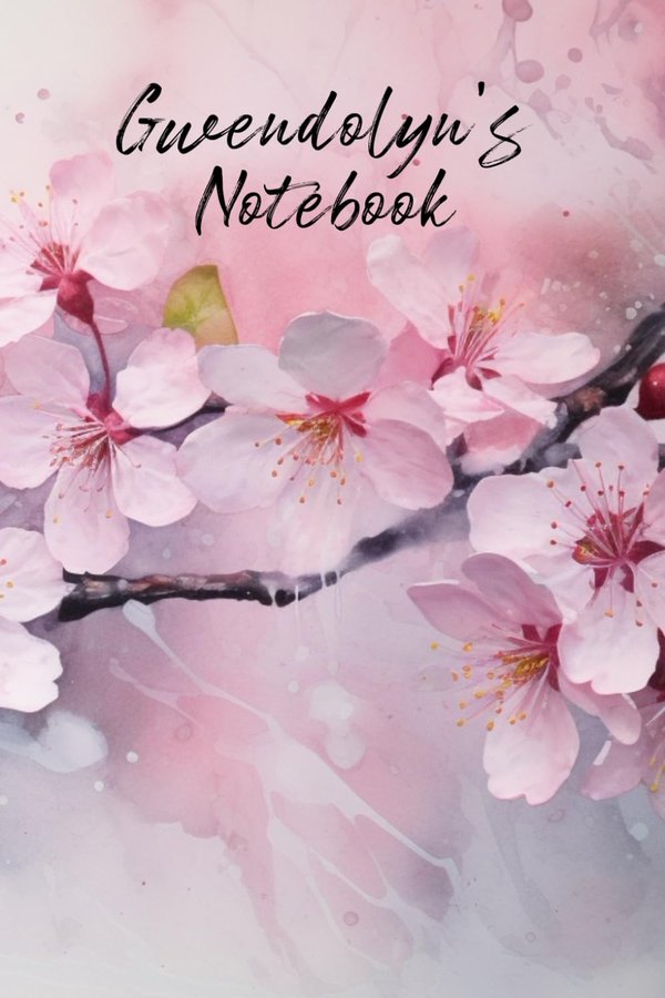 Gwendolyn's Notebook personalized journal cover with the name Gwendolyn in script over pink watercolor apple blossom