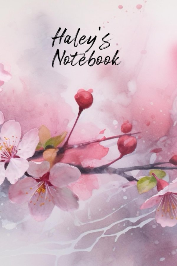 Haley's Notebook personalized journal cover with the name Haley in script over pink watercolor apple blossom