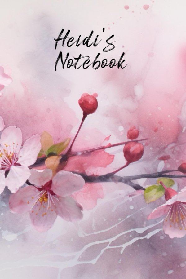 Heidi's Notebook personalized journal cover with the name Heidi in script over pink watercolor apple blossom