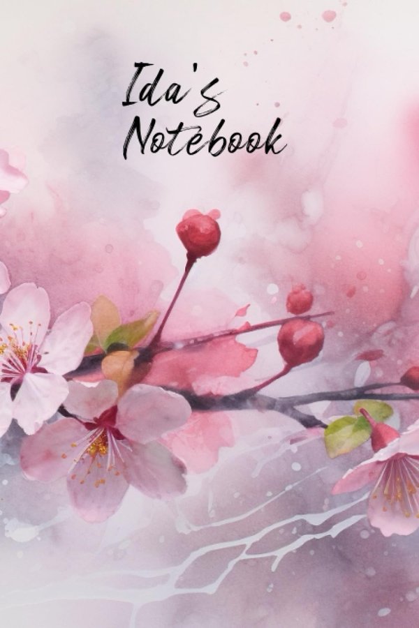 Ida's Notebook personalized journal cover with the name Ida in script over pink watercolor apple blossom