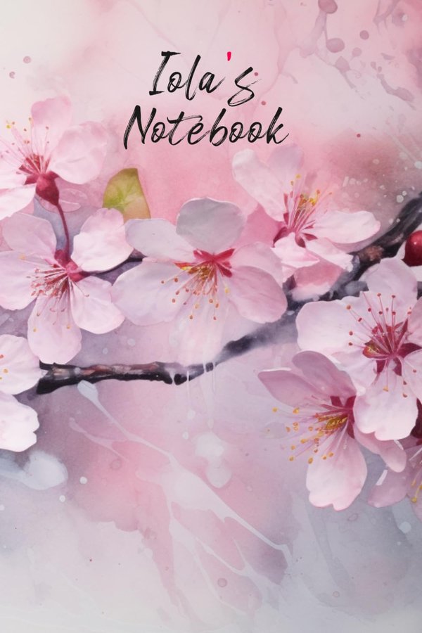 Iola's Notebook personalized journal cover with the name Iola in script over pink watercolor apple blossom