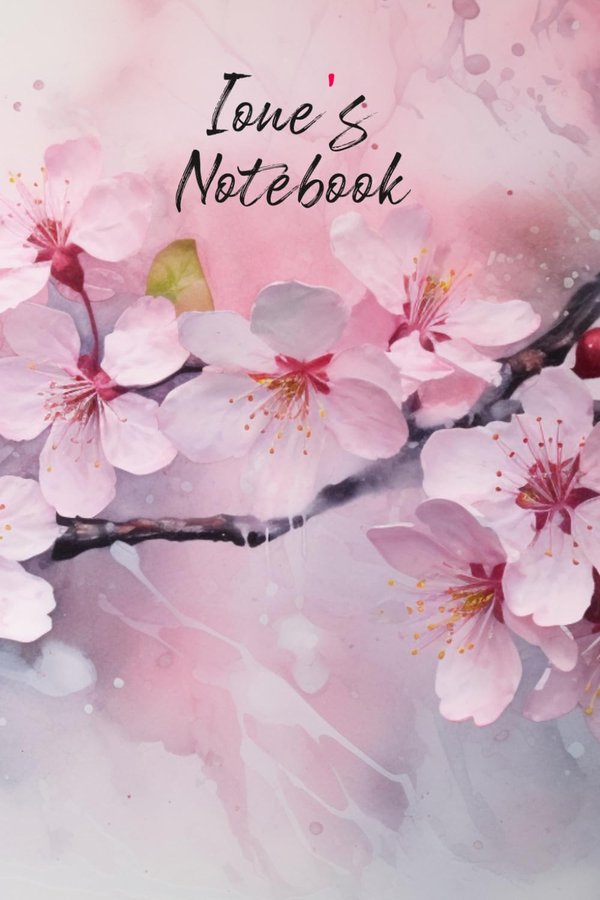 Ione's Notebook personalized journal cover with the name Ione in script over pink watercolor apple blossom