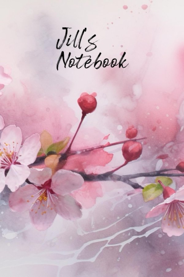 Jill's Notebook personalized journal cover with the name Jill in script over pink watercolor apple blossom