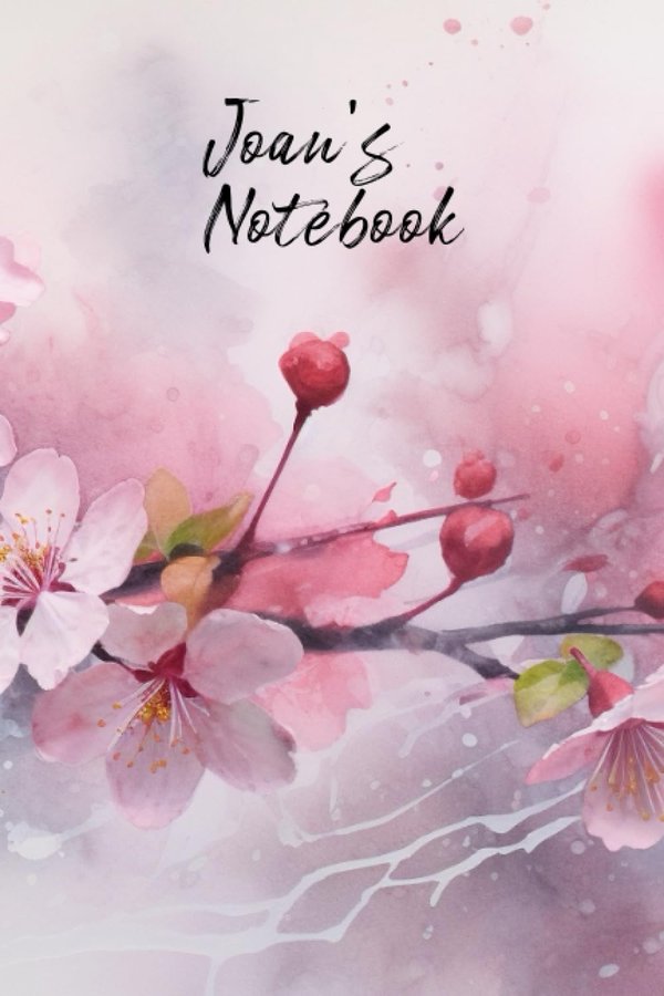 Joan's Notebook personalized journal cover with the name Joan in script over pink watercolor apple blossom