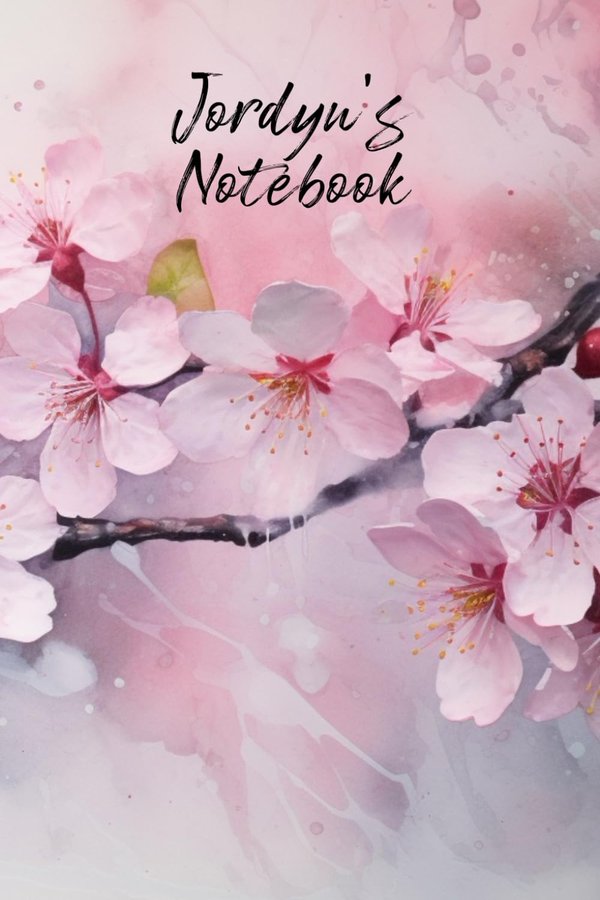 Jordyn's Notebook personalized journal cover with the name Jordyn in script over pink watercolor apple blossom