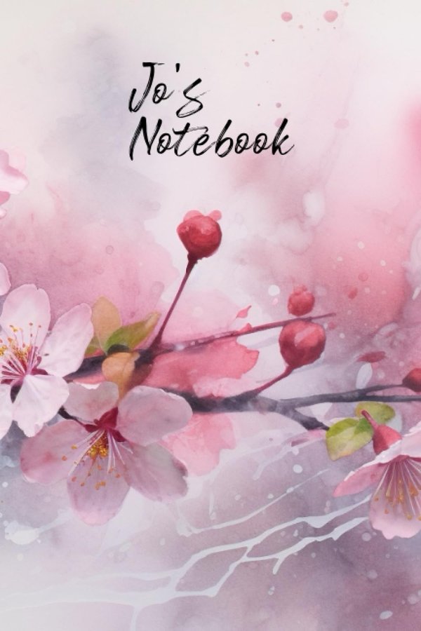 Jo's Notebook personalized journal cover with the name Jo in script over pink watercolor apple blossom