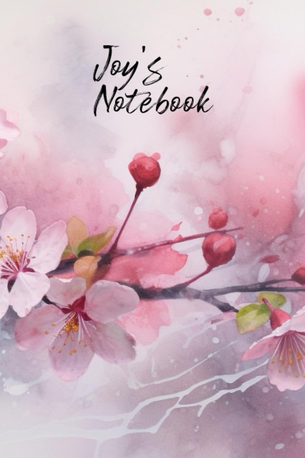 Joy's Notebook personalized journal cover with the name Joy in script over pink watercolor apple blossom