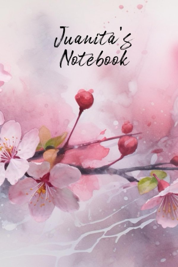 Juanita's Notebook personalized journal cover with the name Juanita in script over pink watercolor apple blossom