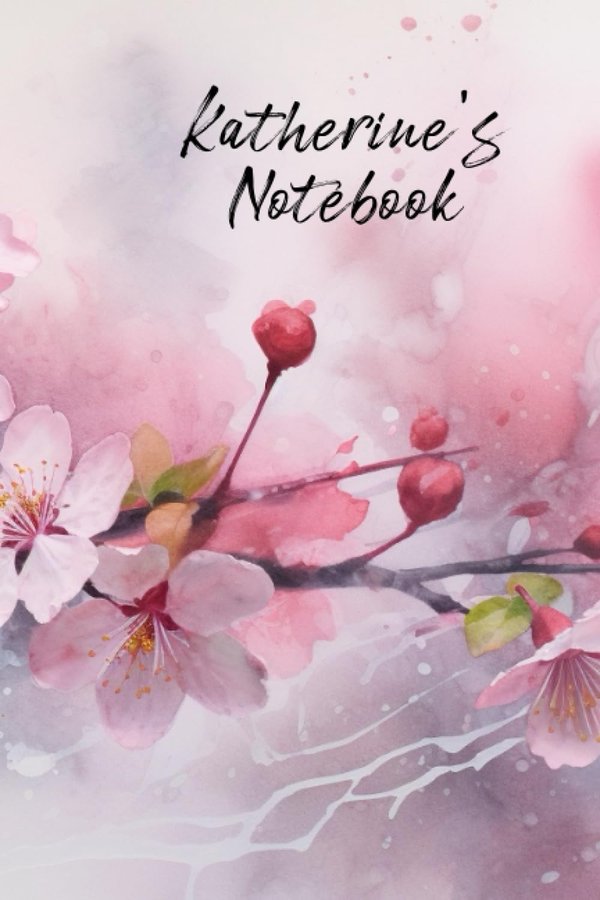 Katherine's Notebook personalized journal cover with the name Katherine in script over pink watercolor apple blossom
