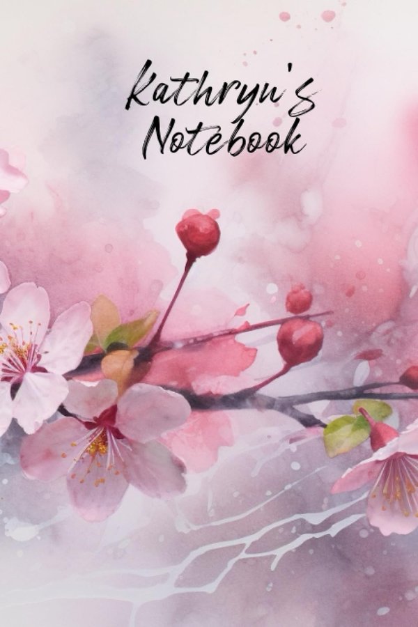 Kathryn's Notebook personalized journal cover with the name Kathryn in script over pink watercolor apple blossom