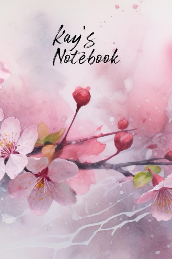 Kay's Notebook personalized journal cover with the name Kay in script over pink watercolor apple blossom