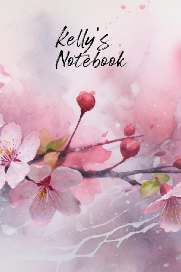 Kelly's Notebook personalized journal cover with the name Kelly in script over pink watercolor apple blossom
