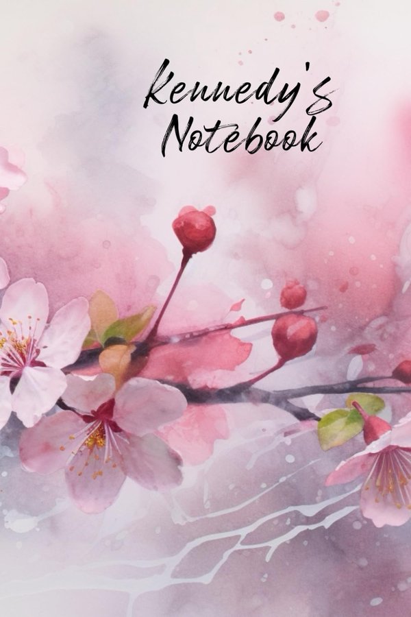 Kennedy's Notebook personalized journal cover with the name Kennedy in script over pink watercolor apple blossom