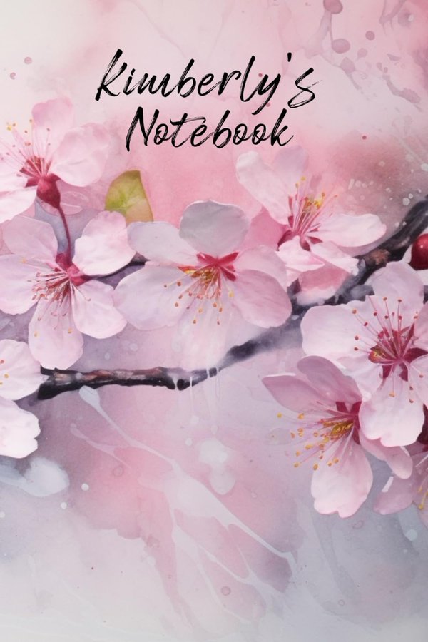 Kimberly's Notebook personalized journal cover with the name Kimberly in script over pink watercolor apple blossom