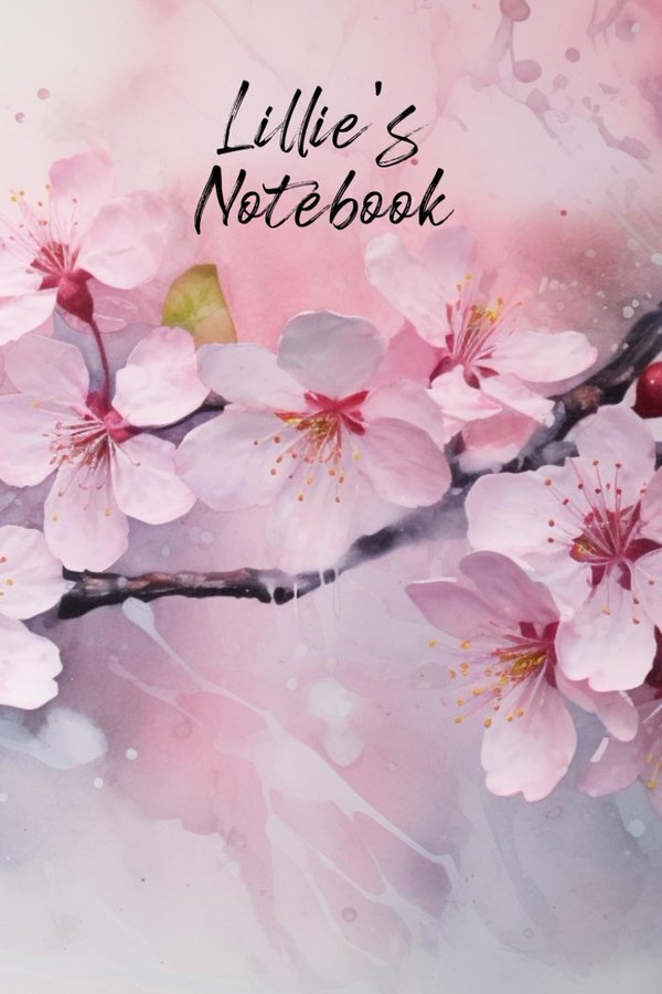 Lillie's Notebook personalized journal cover with the name Lillie in script over pink watercolor apple blossom