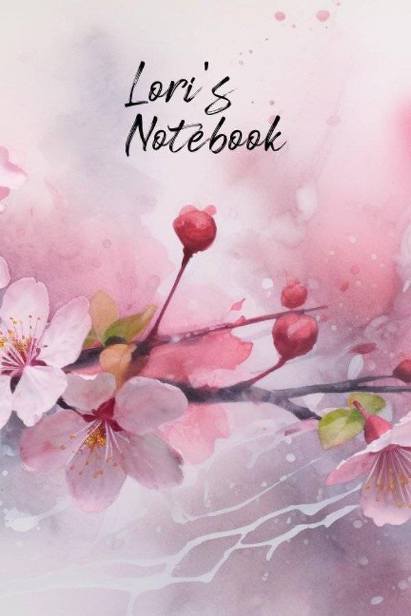 Lori's Notebook personalized journal cover with the name Lori in script over pink watercolor apple blossom