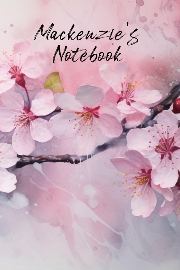 Mackenzie's Notebook personalized journal cover with the name Mackenzie in script over pink watercolor apple blossom