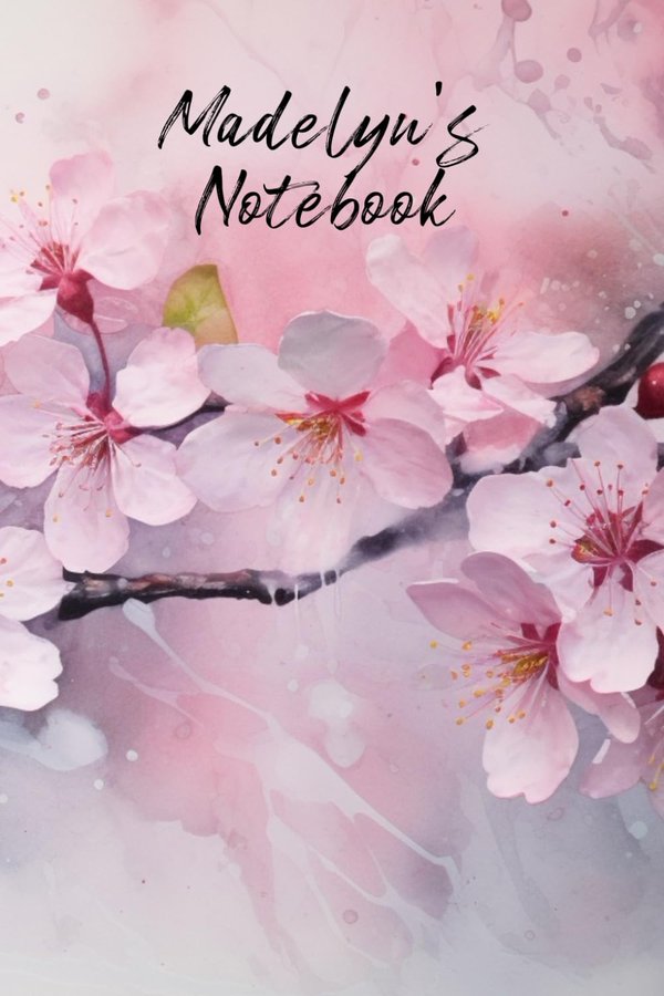 Madelyn's Notebook personalized journal cover with the name Madelyn in script over pink watercolor apple blossom